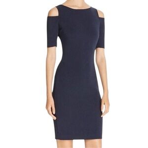 Michael Kors Navy Cold Shoulder Midi Dress w Gold Placard Jersey Stretch